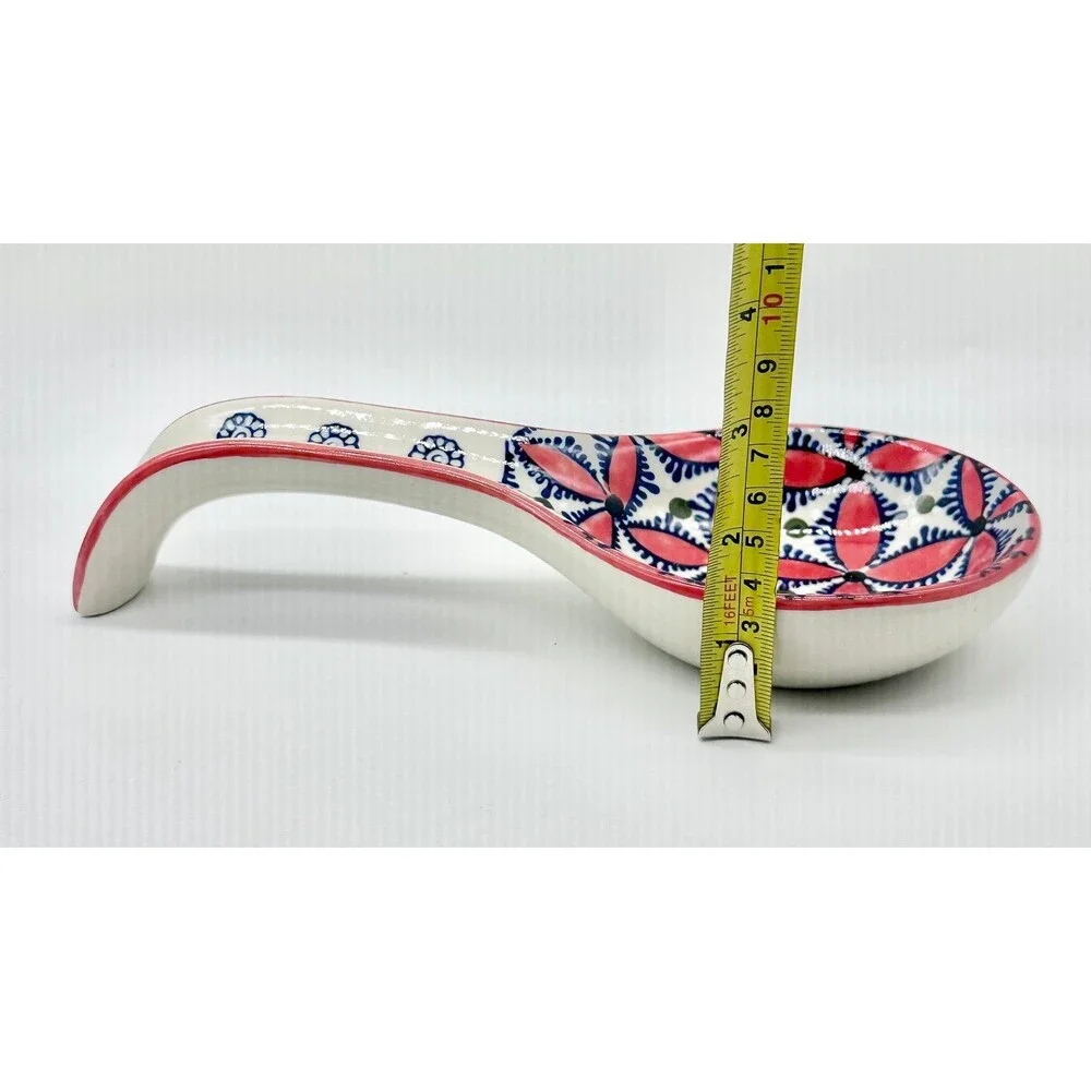Red Blue Geometric Floral Pattern Spoon Rest Portuguese Tile Style